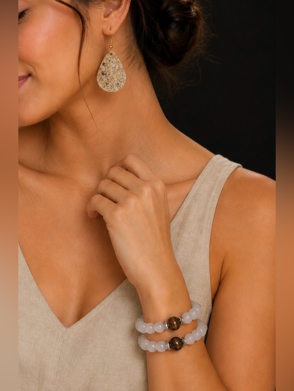 Plunder Teardrop Dangle Earrings and 8mm white Glass Bead bracelet Set